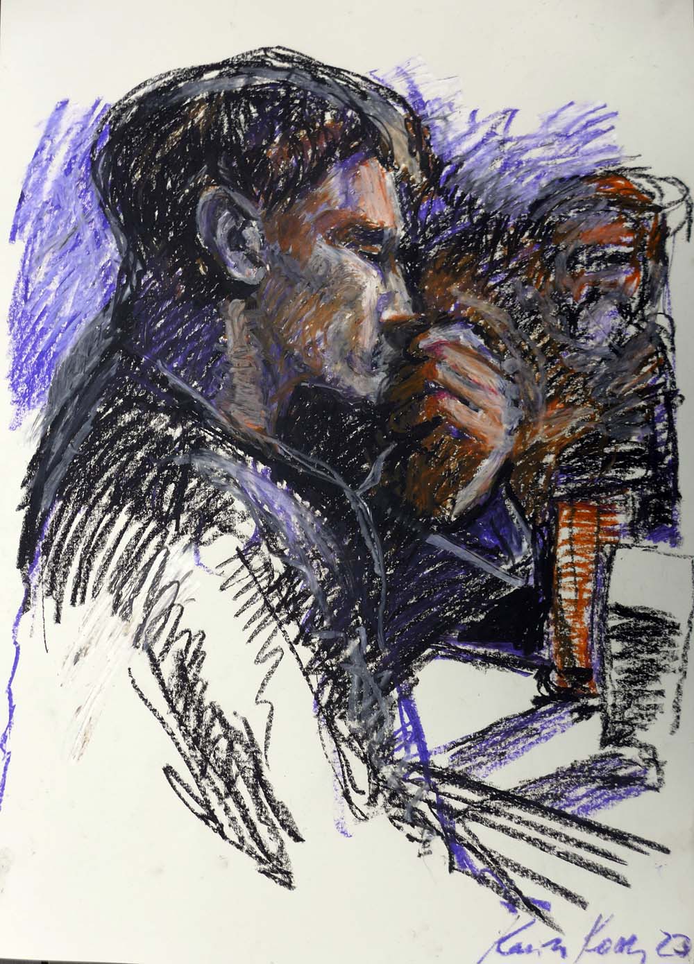 Junger Mann in der Kneipe, Pastell auf Karton, 42 x 59 cm